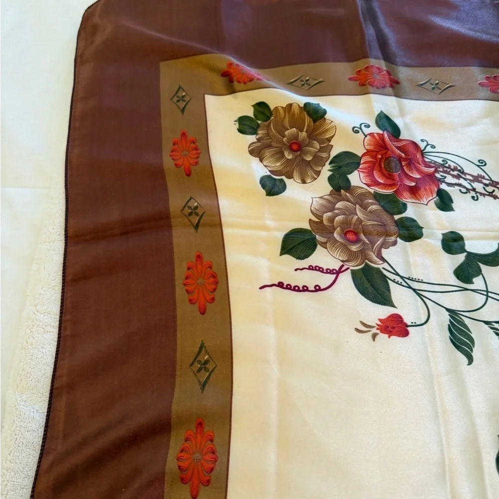 Large vintage 1960s Floral Square Scarf with Brown Border